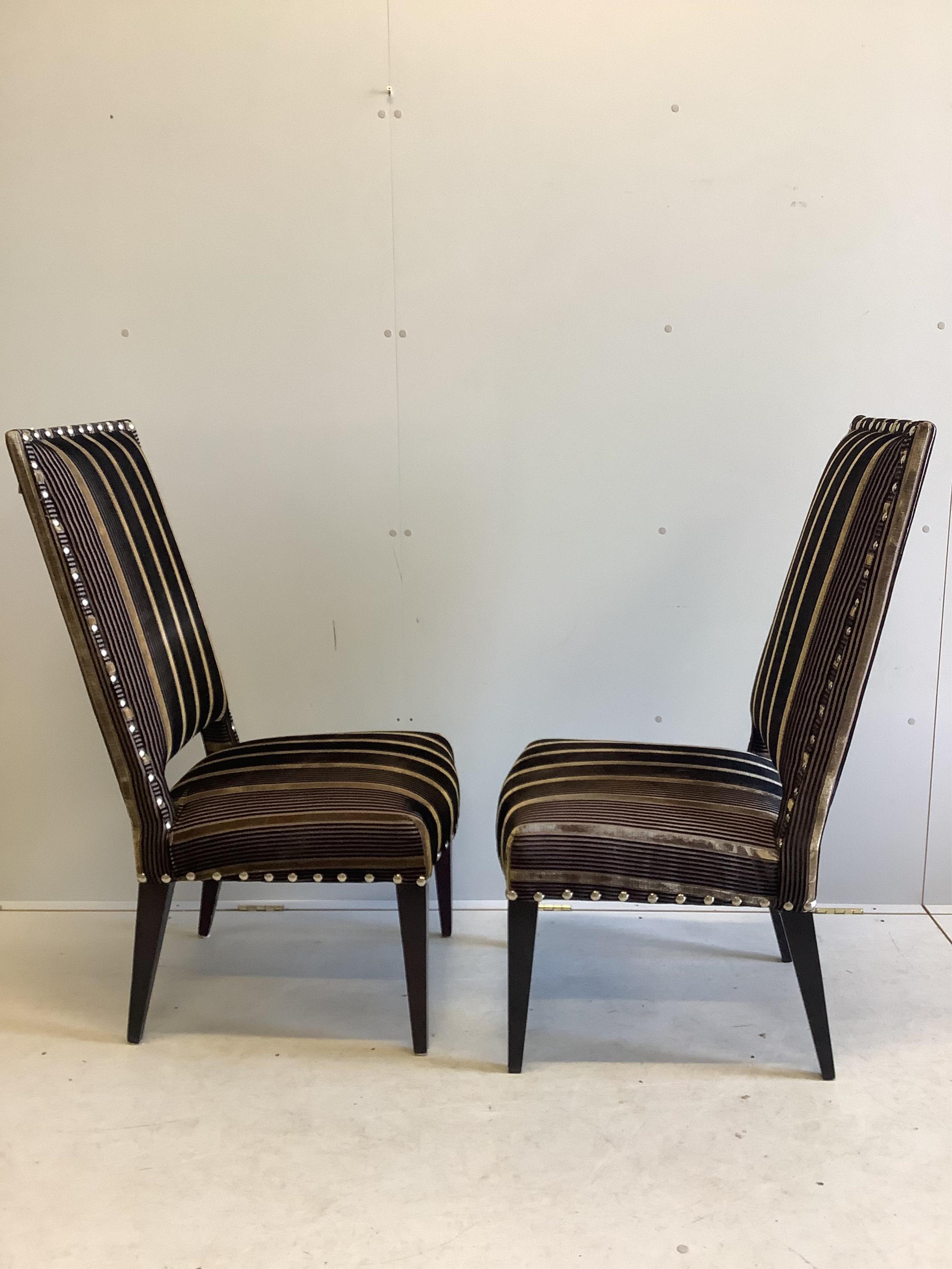 A pair of James Martin high back hall chairs, width 49cm, depth 52cm, height 114cm. Condition - good